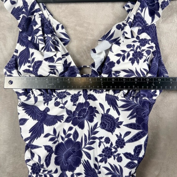 Cupshe Blue White Floral One Piece Swimsuit Small Ruffle V Neck Lace Up Back - Picture 7 of 9